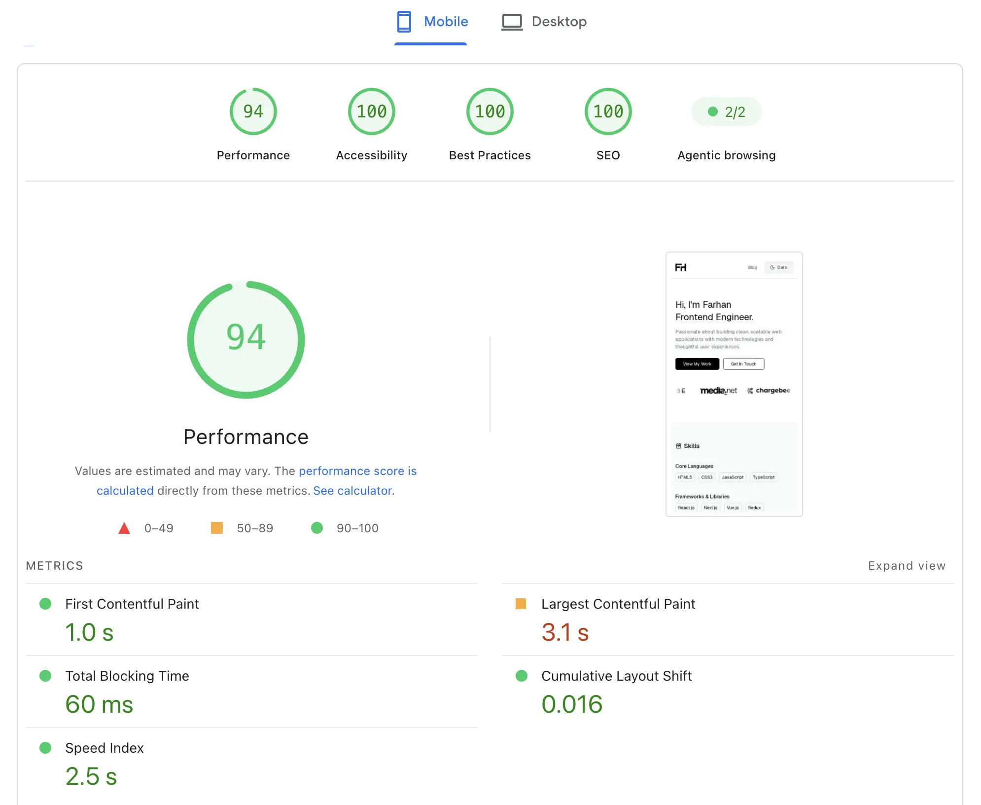 PageSpeed Insights performance report for this website