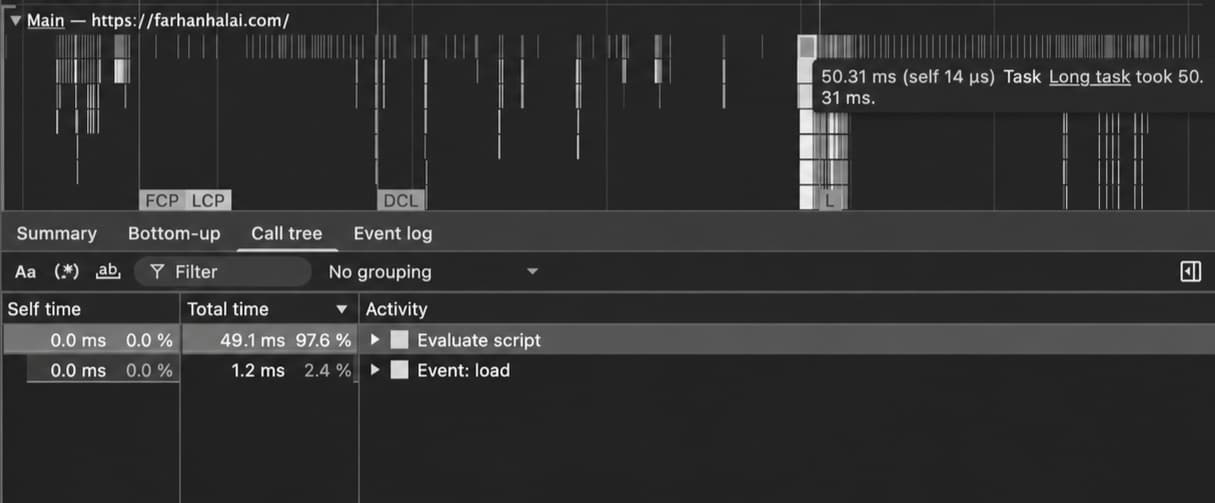 Chrome DevTools Performance trace highlighting a 50.31 ms main-thread task and its call stack.